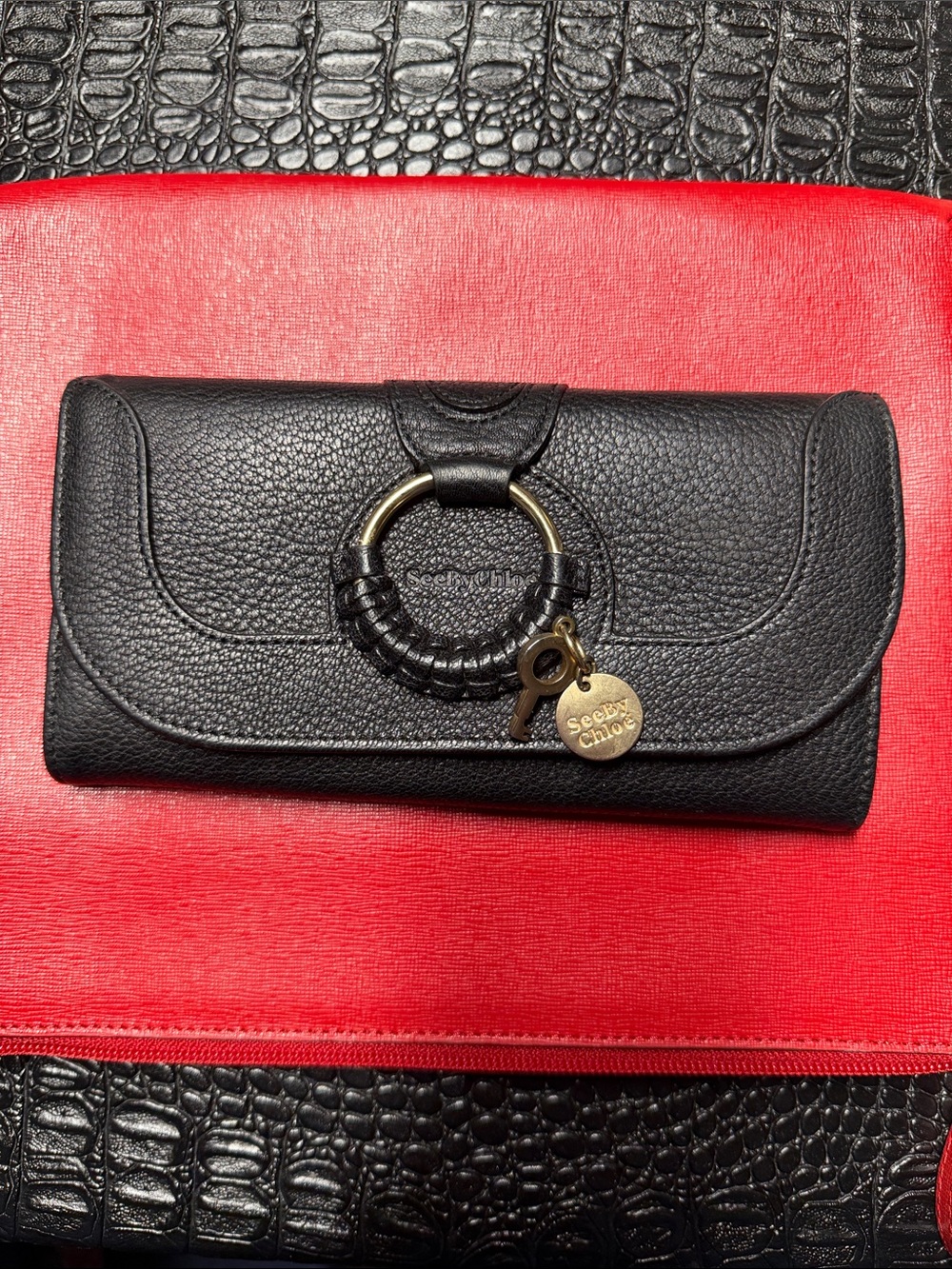 See By Chloe Black Leather Continental Wallet with Signature Ring Charm